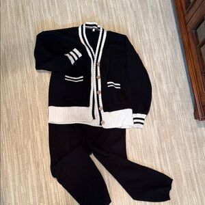 Black Knit Cardigan and Pants Set with White Trim